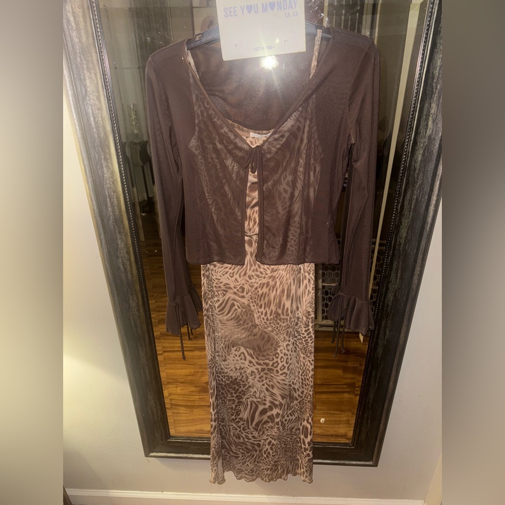 See You Monday Brown Animal Print dress with Sheer Cardigan - Picture 5 of 13